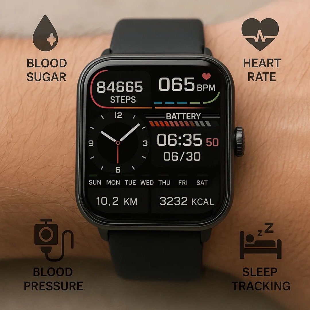 GlucoWatch on wrist highlighting blood sugar, heart rate, blood pressure and sleep tracking