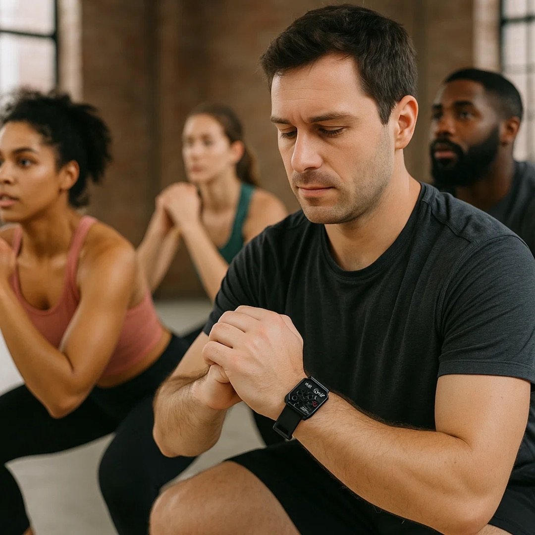 Active adult wearing a smartwatch during exercise